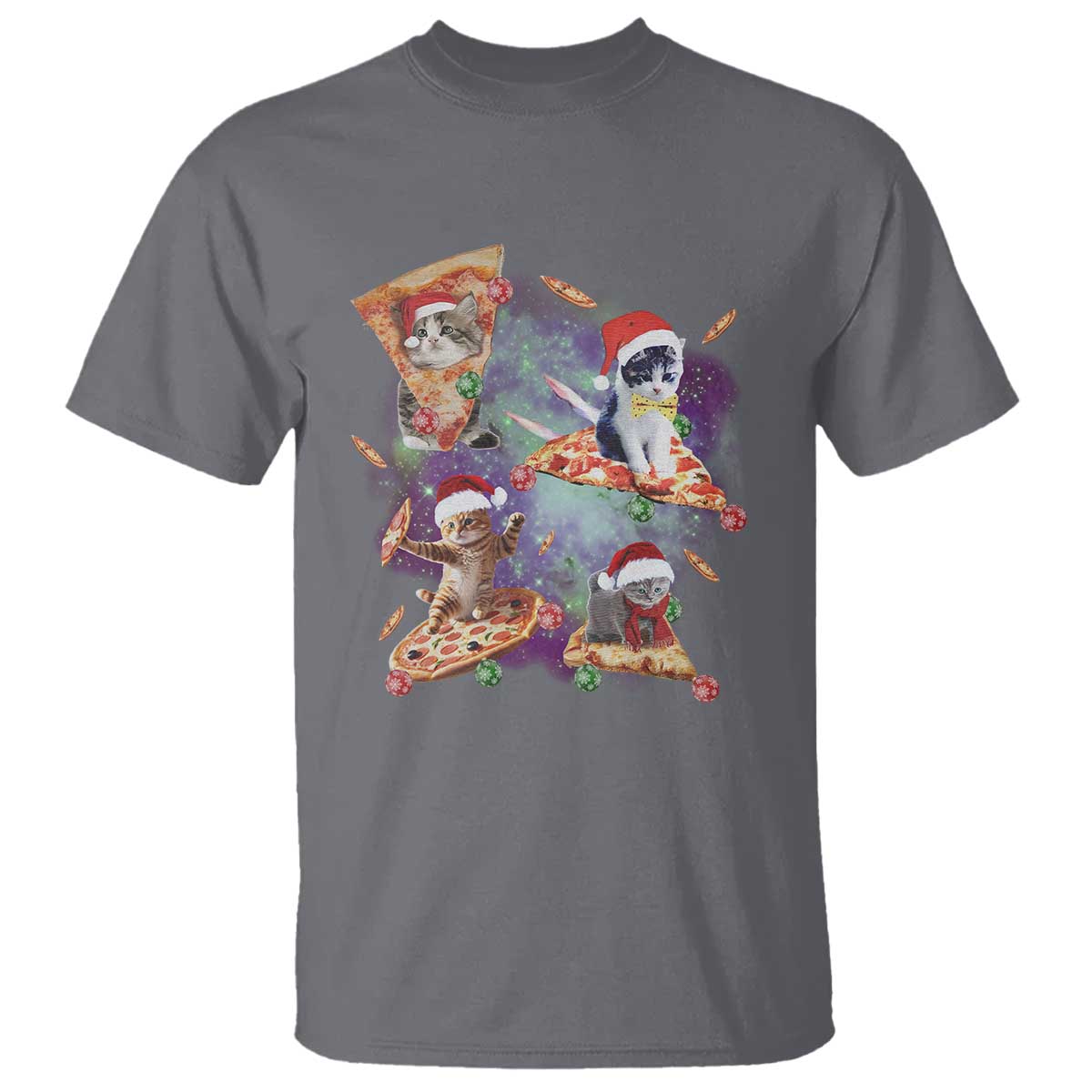 Funny Christmas Cat T Shirt Santa Cat Riding Pizza Galaxy Outer Space - Wonder Print Shop