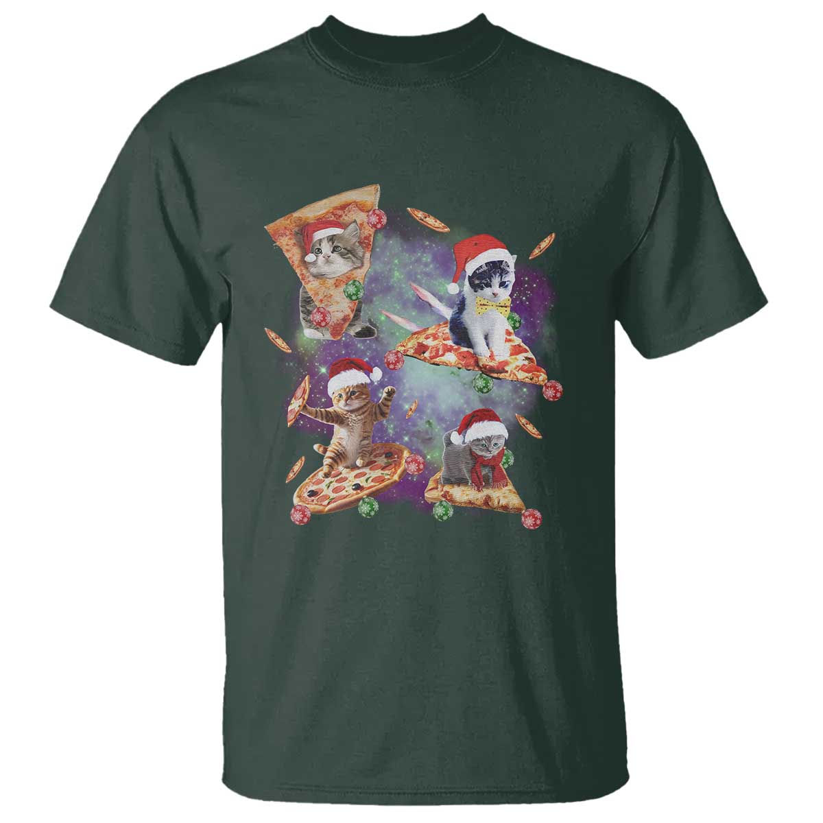Funny Christmas Cat T Shirt Santa Cat Riding Pizza Galaxy Outer Space - Wonder Print Shop