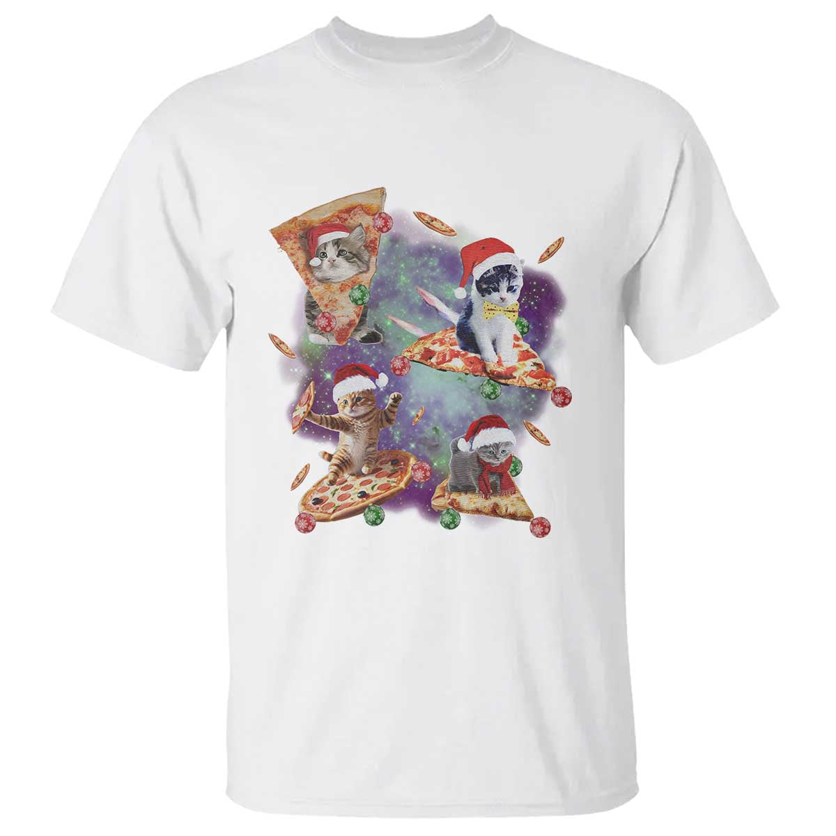 Funny Christmas Cat T Shirt Santa Cat Riding Pizza Galaxy Outer Space - Wonder Print Shop