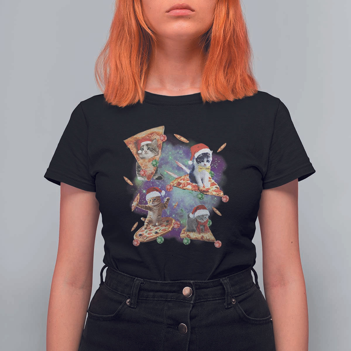 Funny Christmas Cat T Shirt For Women Santa Cat Riding Pizza Galaxy Outer Space - Wonder Print Shop