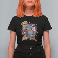 Funny Christmas Cat T Shirt For Women Santa Cat Riding Pizza Galaxy Outer Space - Wonder Print Shop