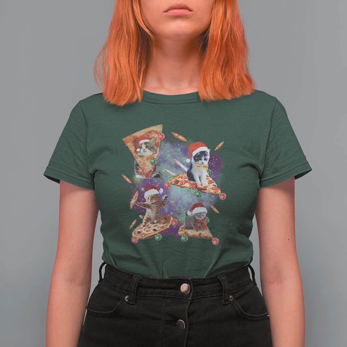 Funny Christmas Cat T Shirt For Women Santa Cat Riding Pizza Galaxy Outer Space - Wonder Print Shop