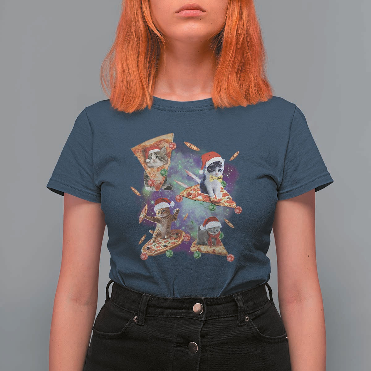 Funny Christmas Cat T Shirt For Women Santa Cat Riding Pizza Galaxy Outer Space - Wonder Print Shop