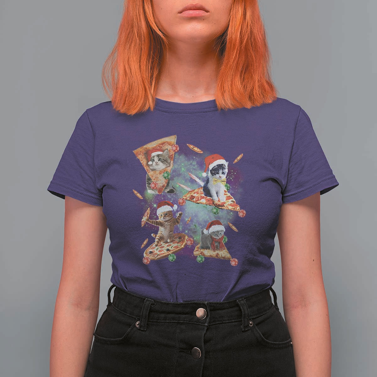 Funny Christmas Cat T Shirt For Women Santa Cat Riding Pizza Galaxy Outer Space - Wonder Print Shop