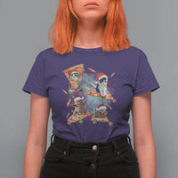 Funny Christmas Cat T Shirt For Women Santa Cat Riding Pizza Galaxy Outer Space - Wonder Print Shop