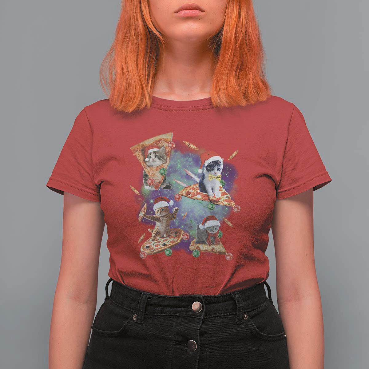 Funny Christmas Cat T Shirt For Women Santa Cat Riding Pizza Galaxy Outer Space - Wonder Print Shop