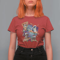 Funny Christmas Cat T Shirt For Women Santa Cat Riding Pizza Galaxy Outer Space - Wonder Print Shop