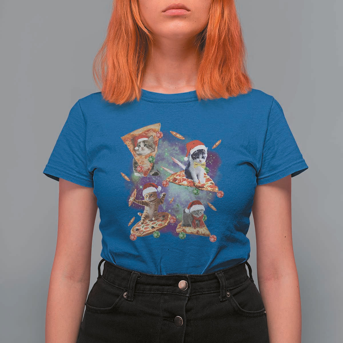 Funny Christmas Cat T Shirt For Women Santa Cat Riding Pizza Galaxy Outer Space - Wonder Print Shop