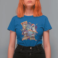 Funny Christmas Cat T Shirt For Women Santa Cat Riding Pizza Galaxy Outer Space - Wonder Print Shop