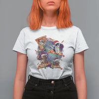 Funny Christmas Cat T Shirt For Women Santa Cat Riding Pizza Galaxy Outer Space - Wonder Print Shop
