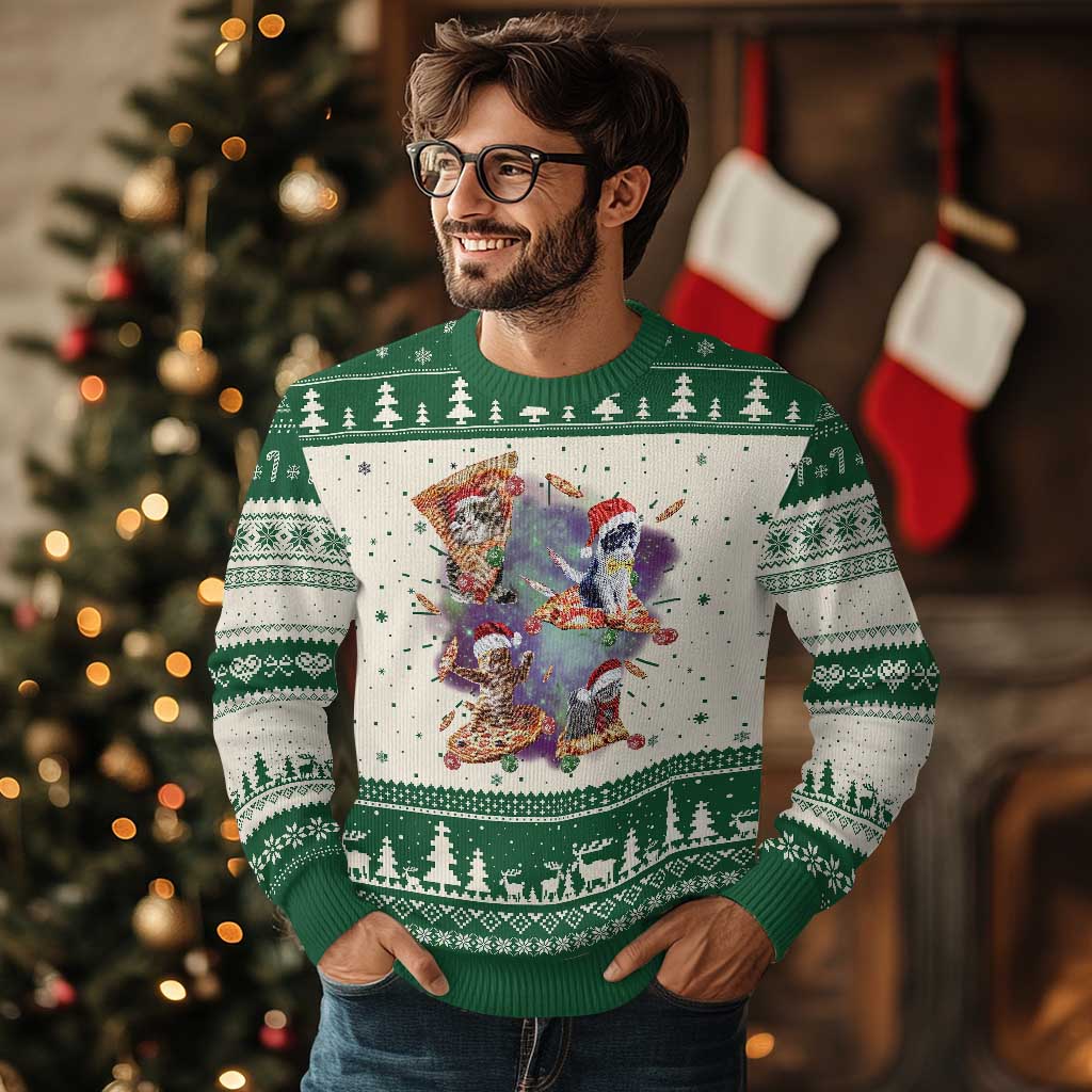 Funny Xmas Cat Ugly Christmas Sweater Santa Cat Riding Pizza Galaxy Outer Space - Wonder Print Shop