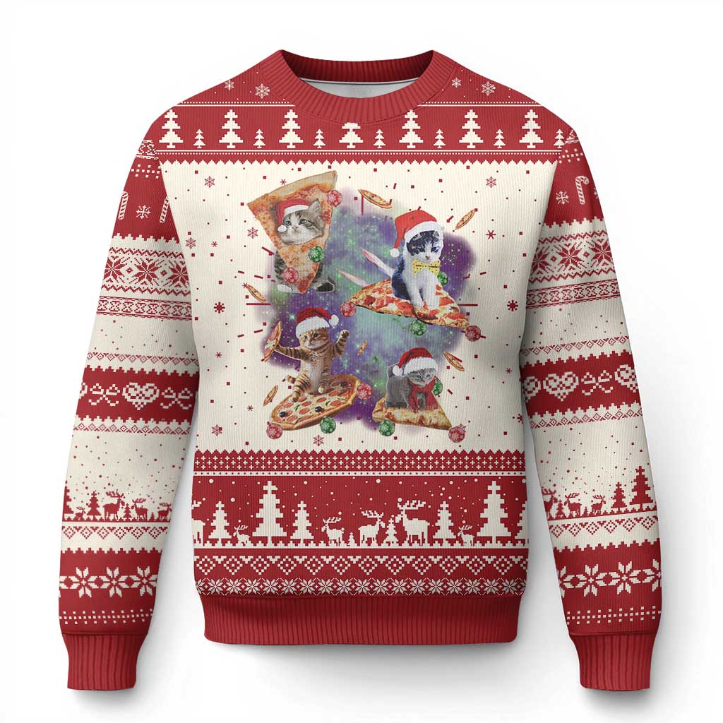 Funny Xmas Cat Ugly Christmas Sweater Santa Cat Riding Pizza Galaxy Outer Space - Wonder Print Shop