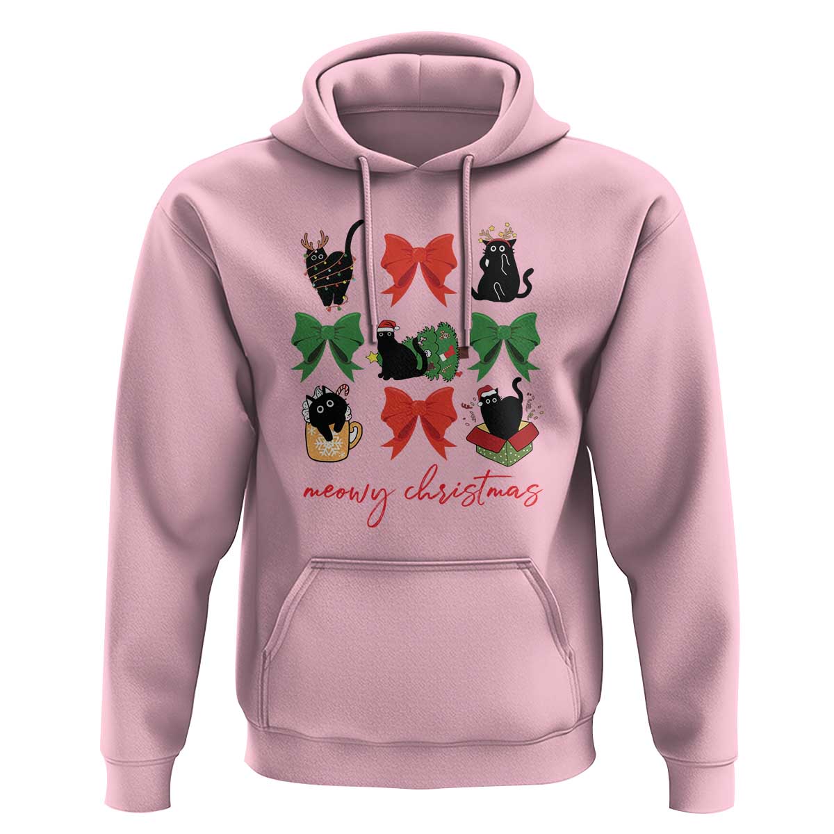 Funny Christmas Black Cat Hoodie Meowy Christmas Cute Cats Coquette Bow