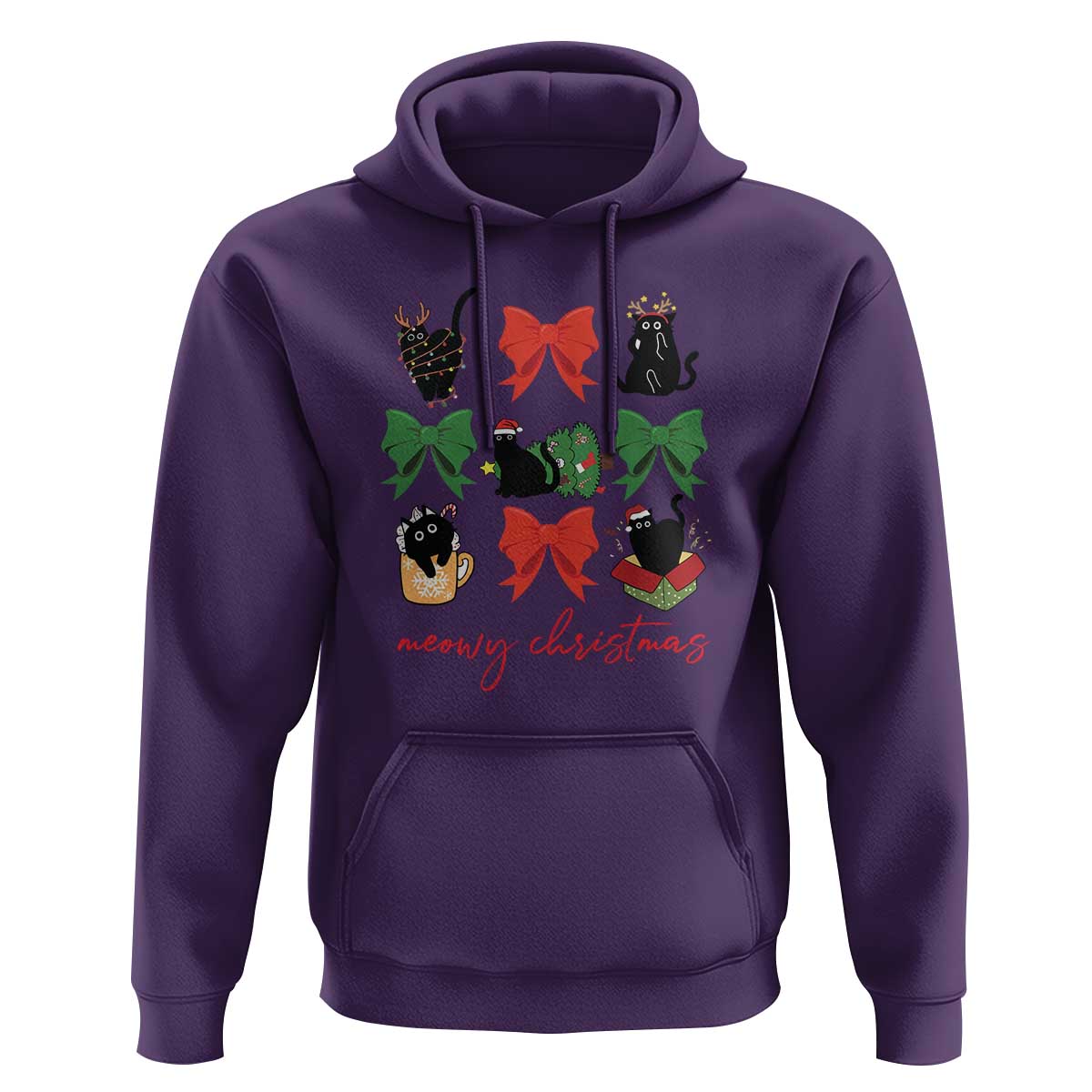 Funny Christmas Black Cat Hoodie Meowy Christmas Cute Cats Coquette Bow