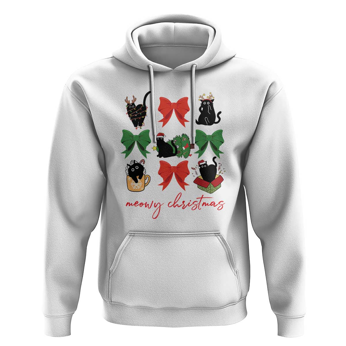 Funny Christmas Black Cat Hoodie Meowy Christmas Cute Cats Coquette Bow