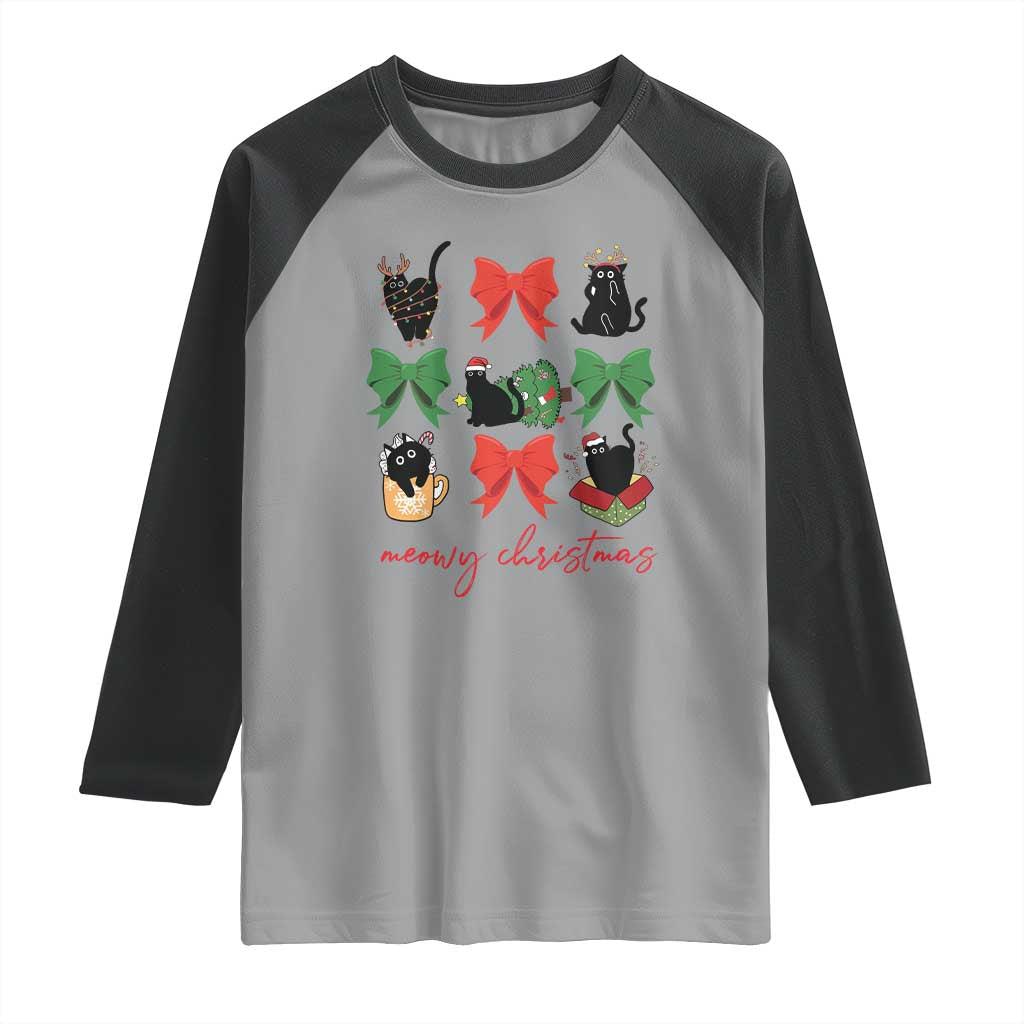 Funny Christmas Black Cat Raglan Shirt Meowy Christmas Cute Cats Coquette Bow