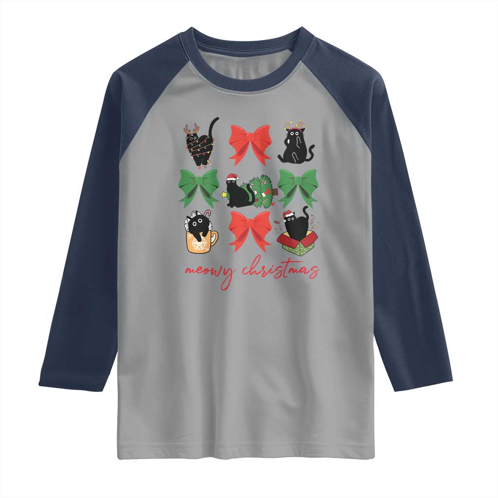 Funny Christmas Black Cat Raglan Shirt Meowy Christmas Cute Cats Coquette Bow