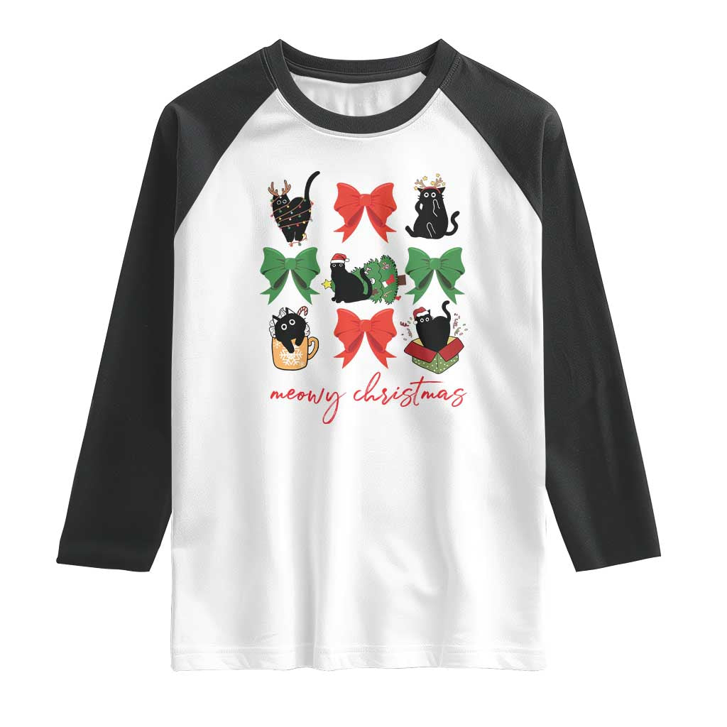 Funny Christmas Black Cat Raglan Shirt Meowy Christmas Cute Cats Coquette Bow