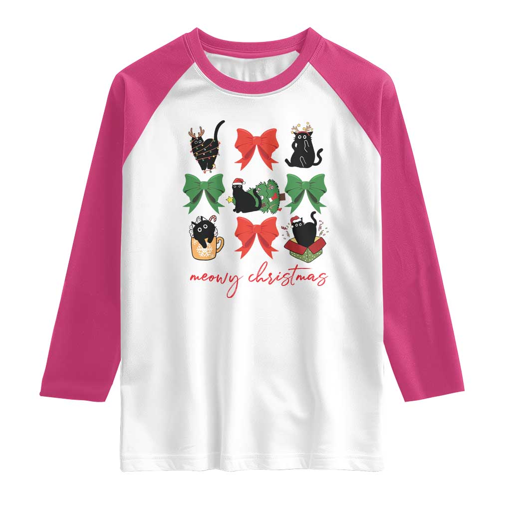 Funny Christmas Black Cat Raglan Shirt Meowy Christmas Cute Cats Coquette Bow