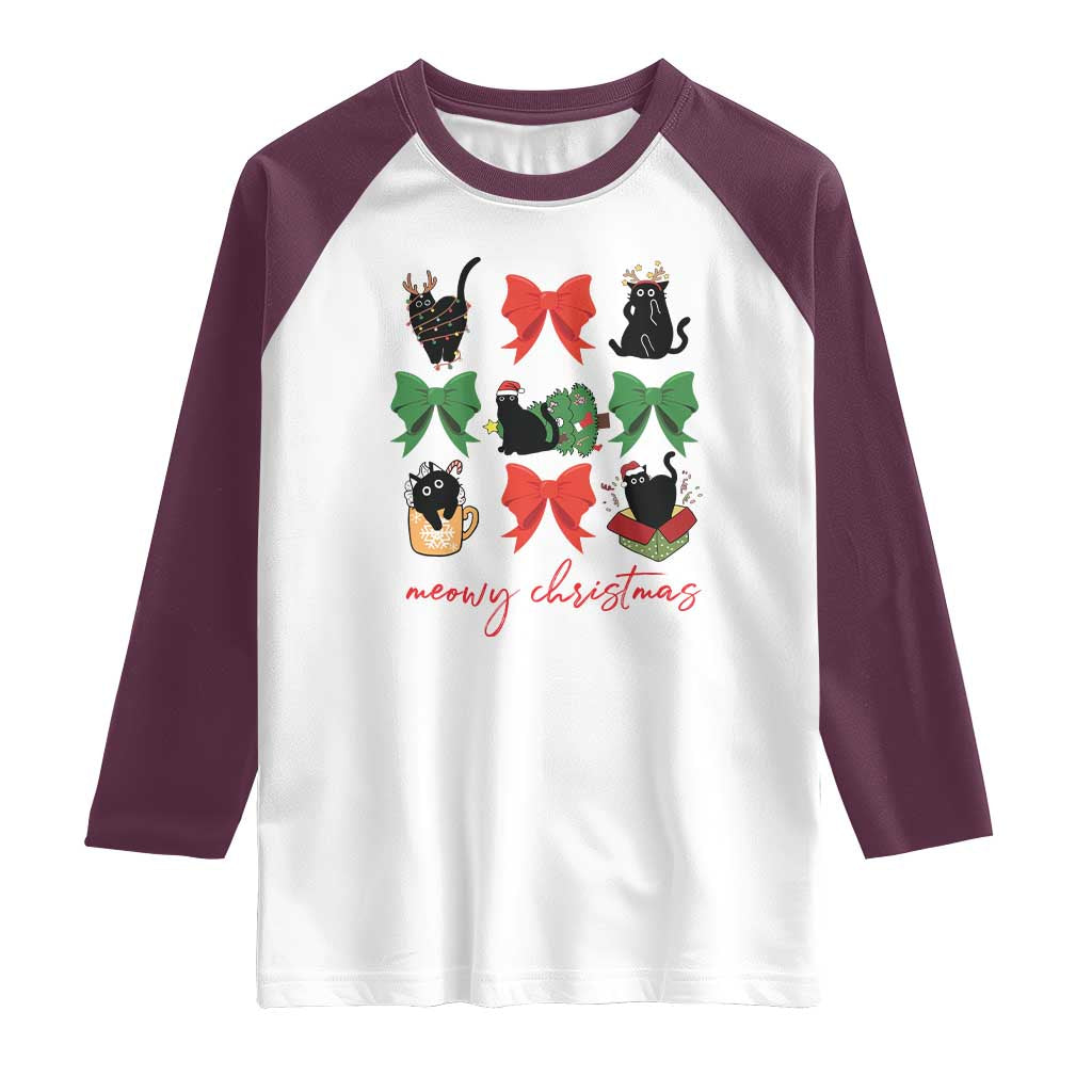 Funny Christmas Black Cat Raglan Shirt Meowy Christmas Cute Cats Coquette Bow