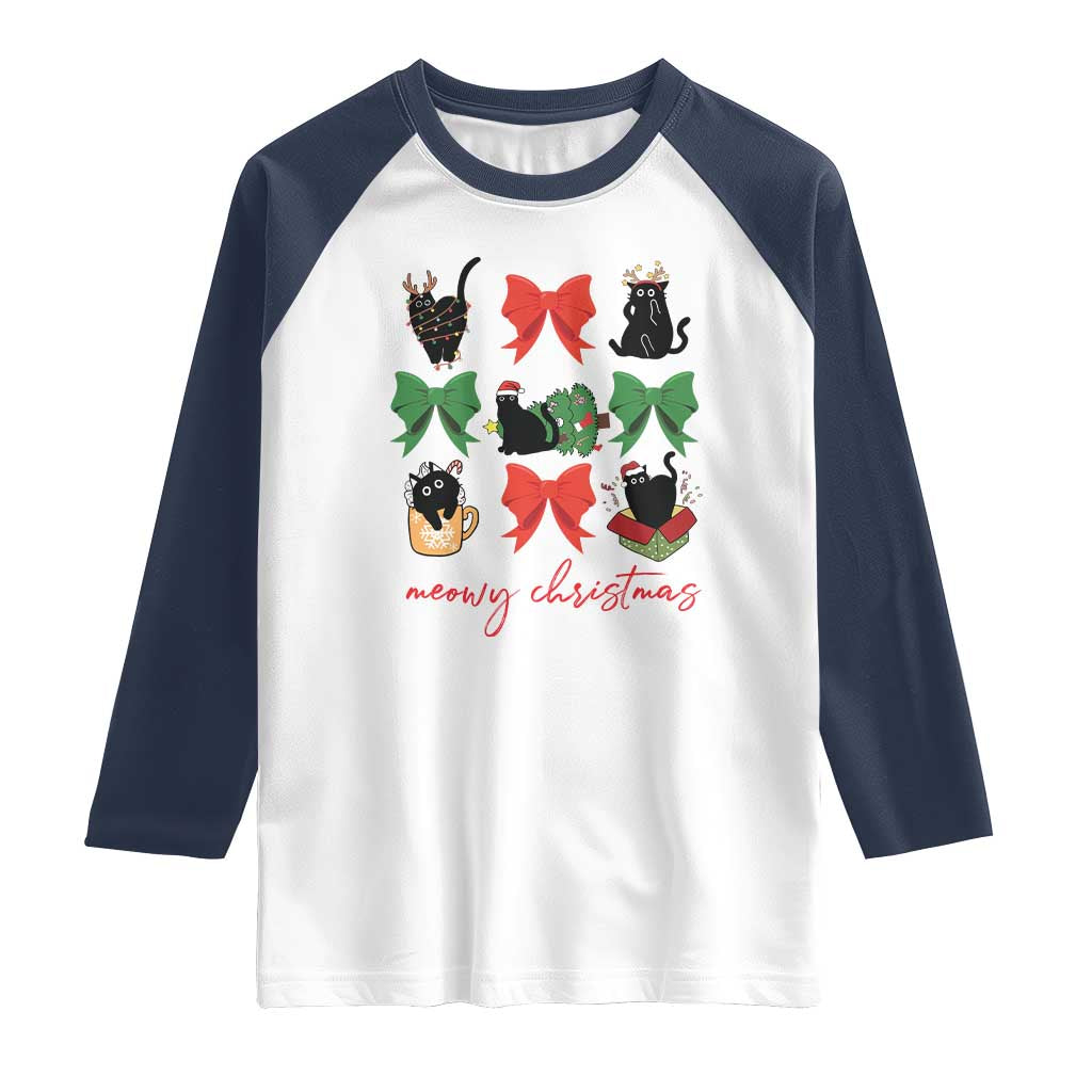 Funny Christmas Black Cat Raglan Shirt Meowy Christmas Cute Cats Coquette Bow