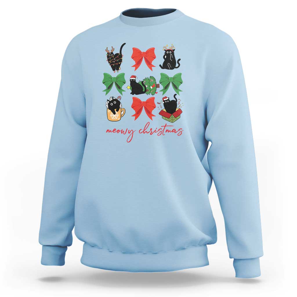 Funny Christmas Black Cat Sweatshirt Meowy Christmas Cute Cats Coquette Bow - Wonder Print Shop