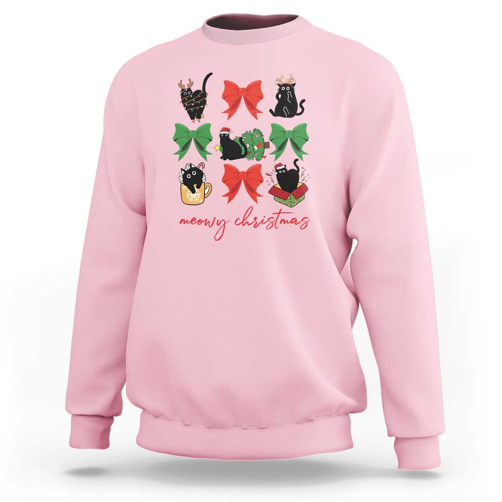 Funny Christmas Black Cat Sweatshirt Meowy Christmas Cute Cats Coquette Bow - Wonder Print Shop