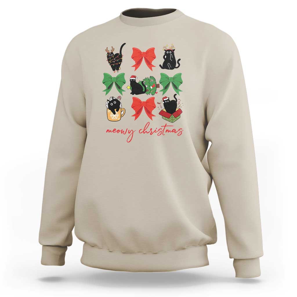 Funny Christmas Black Cat Sweatshirt Meowy Christmas Cute Cats Coquette Bow - Wonder Print Shop