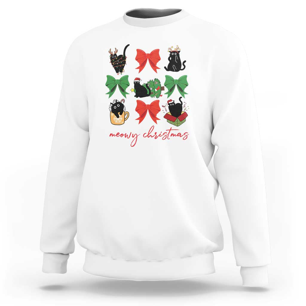 Funny Christmas Black Cat Sweatshirt Meowy Christmas Cute Cats Coquette Bow - Wonder Print Shop