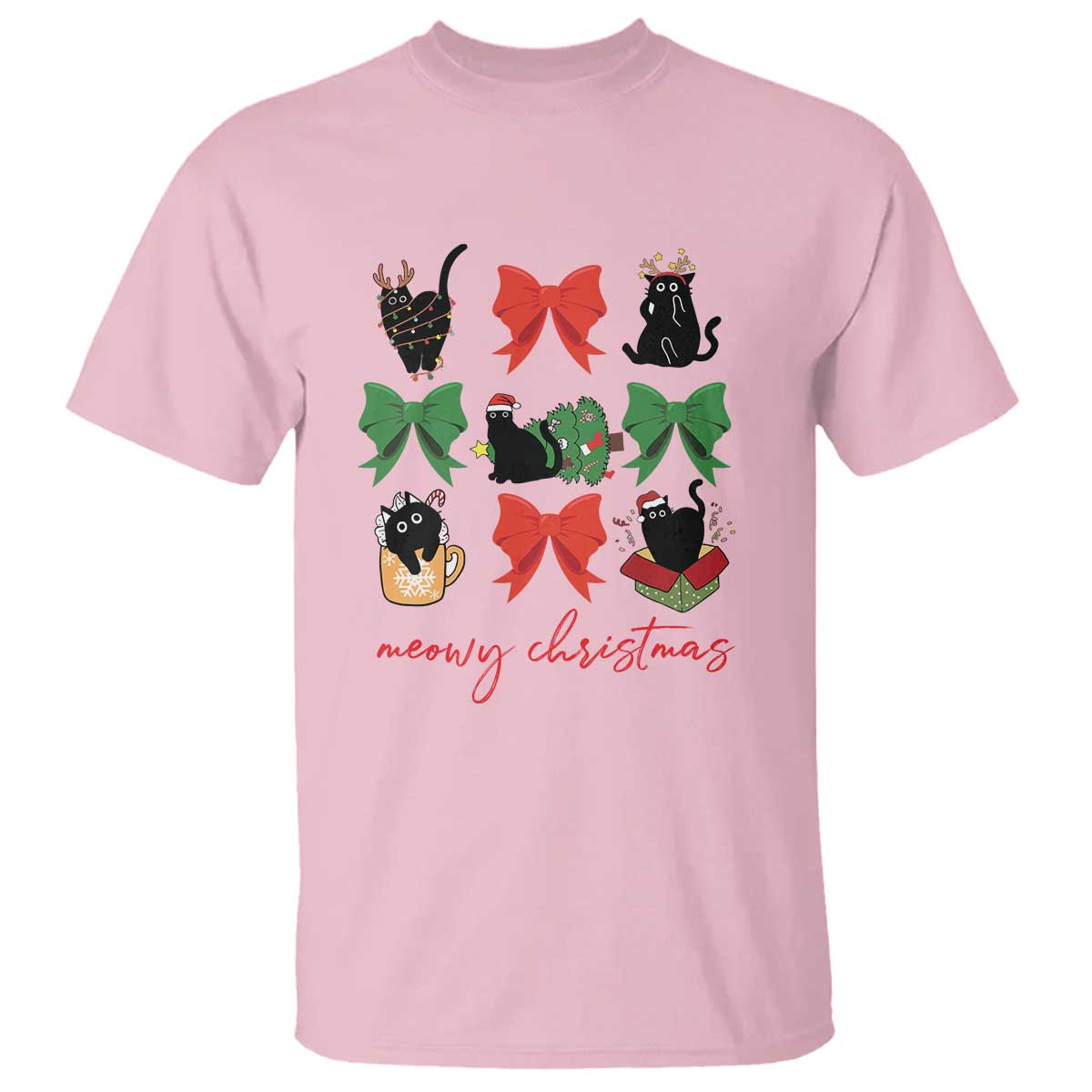 Funny Christmas Black Cat T Shirt Meowy Christmas Cute Cats Coquette Bow - Wonder Print Shop