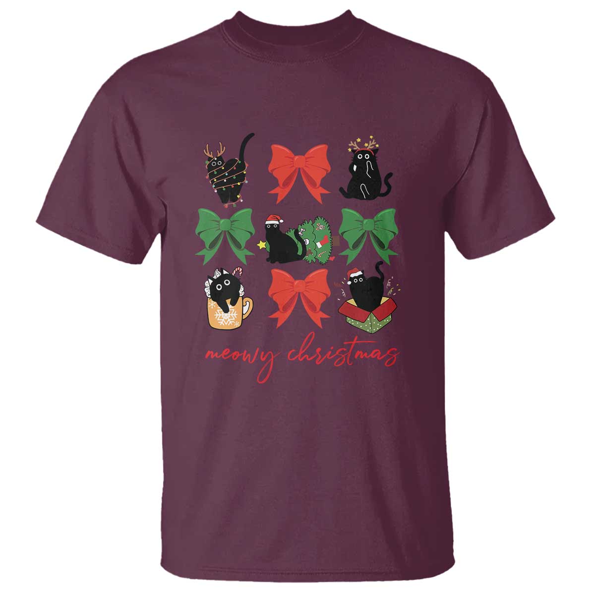 Funny Christmas Black Cat T Shirt Meowy Christmas Cute Cats Coquette Bow - Wonder Print Shop