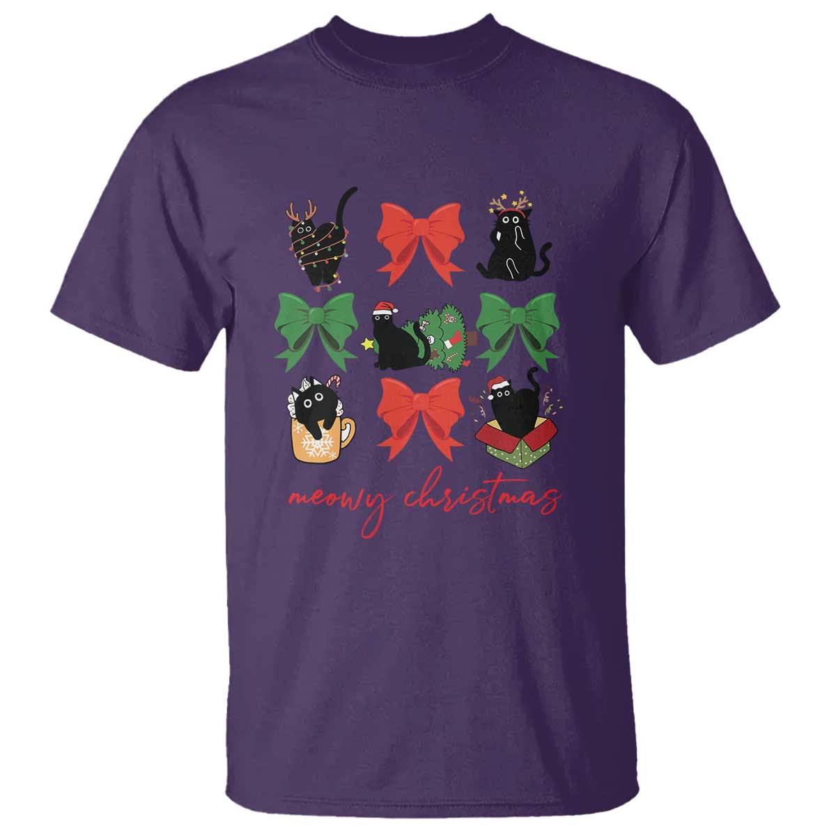 Funny Christmas Black Cat T Shirt Meowy Christmas Cute Cats Coquette Bow - Wonder Print Shop