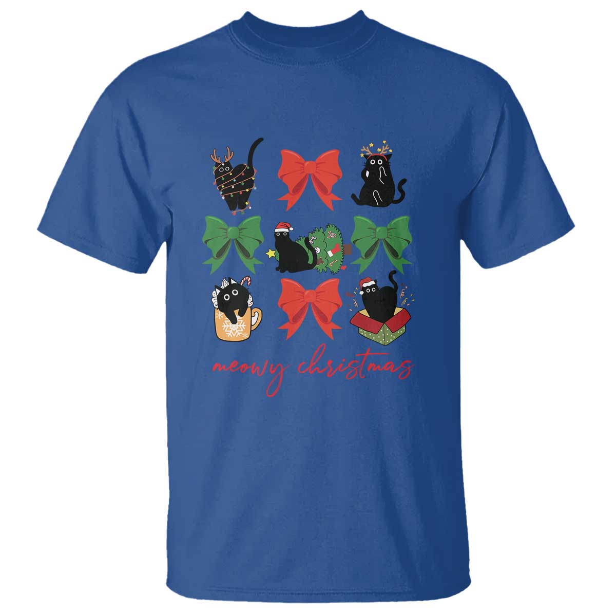Funny Christmas Black Cat T Shirt Meowy Christmas Cute Cats Coquette Bow - Wonder Print Shop