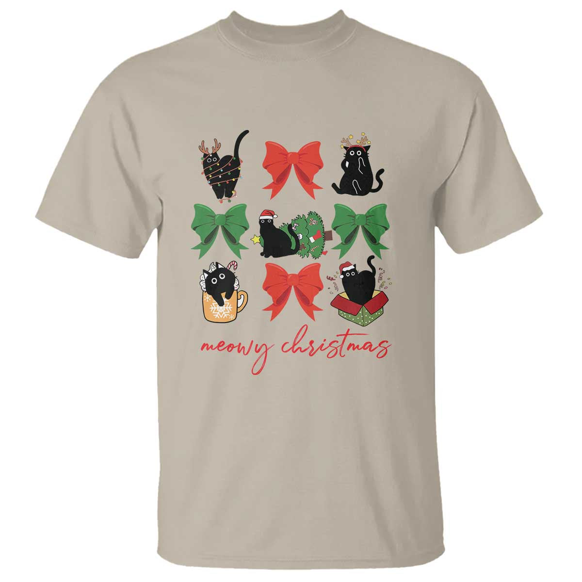 Funny Christmas Black Cat T Shirt Meowy Christmas Cute Cats Coquette Bow - Wonder Print Shop