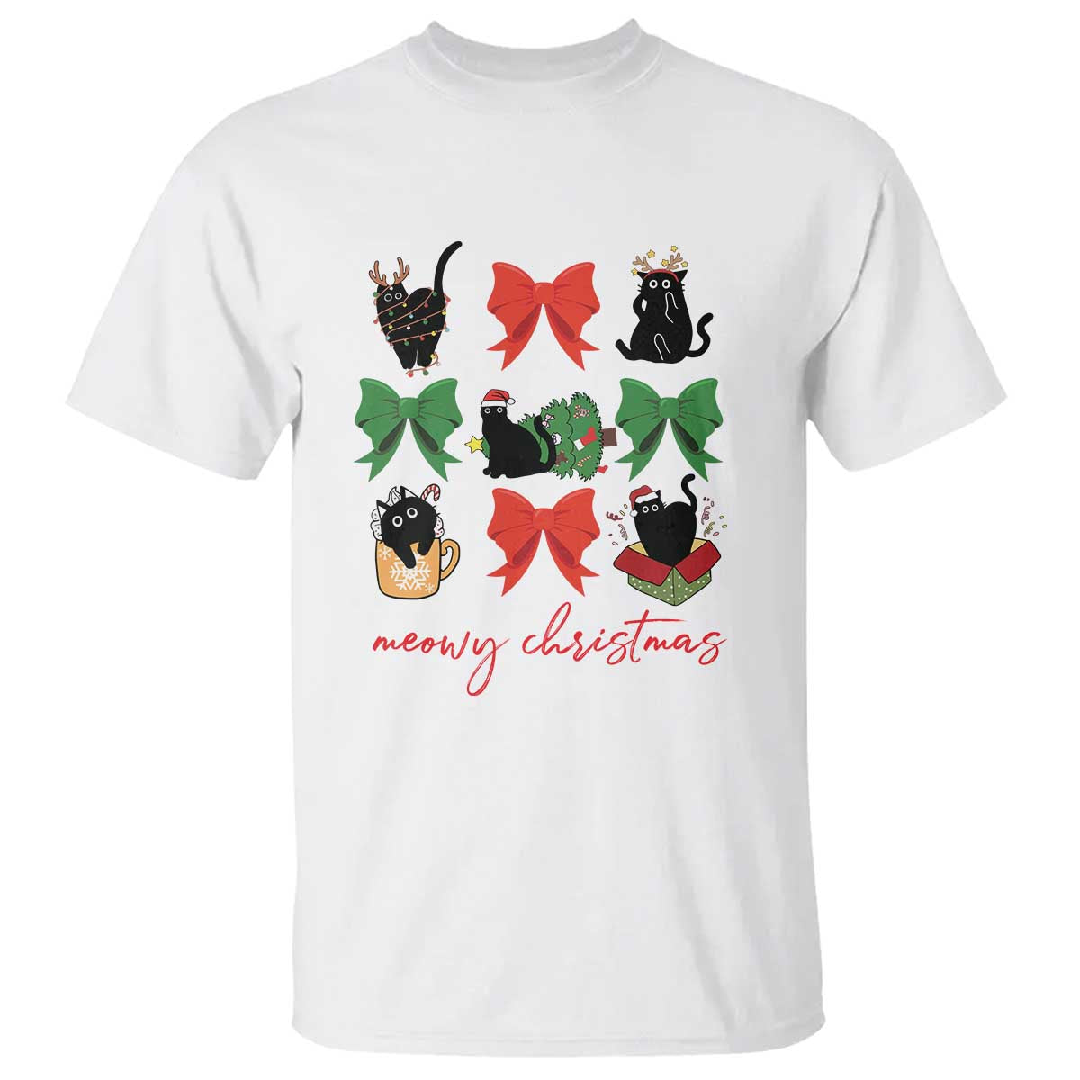 Funny Christmas Black Cat T Shirt Meowy Christmas Cute Cats Coquette Bow - Wonder Print Shop