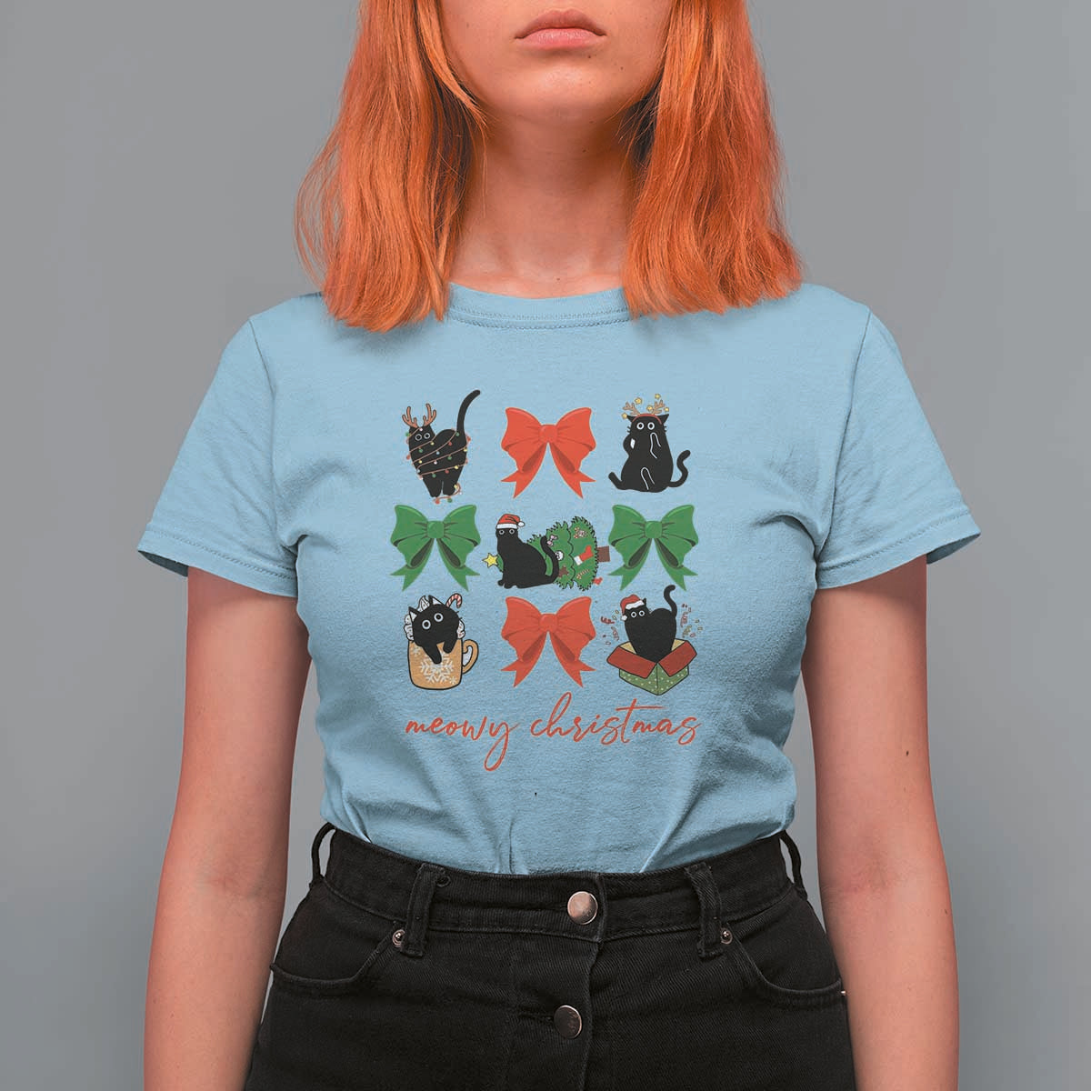 Funny Christmas Black Cat T Shirt For Women Meowy Christmas Cute Cats Coquette Bow - Wonder Print Shop