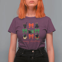 Funny Christmas Black Cat T Shirt For Women Meowy Christmas Cute Cats Coquette Bow - Wonder Print Shop