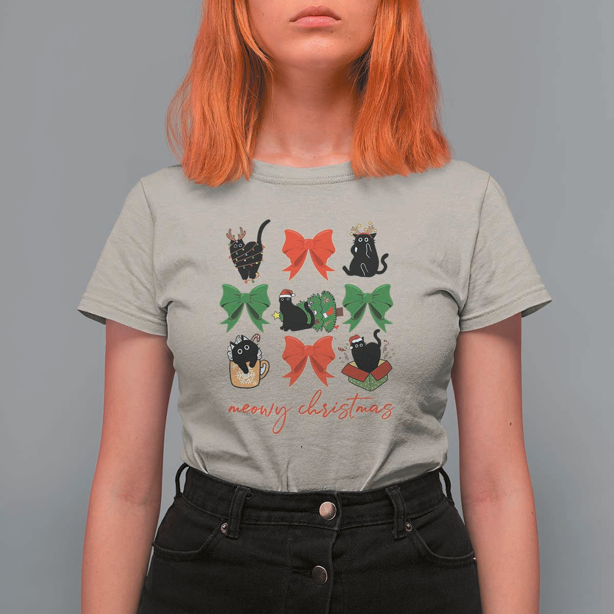 Funny Christmas Black Cat T Shirt For Women Meowy Christmas Cute Cats Coquette Bow - Wonder Print Shop