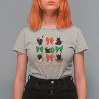 Funny Christmas Black Cat T Shirt For Women Meowy Christmas Cute Cats Coquette Bow - Wonder Print Shop