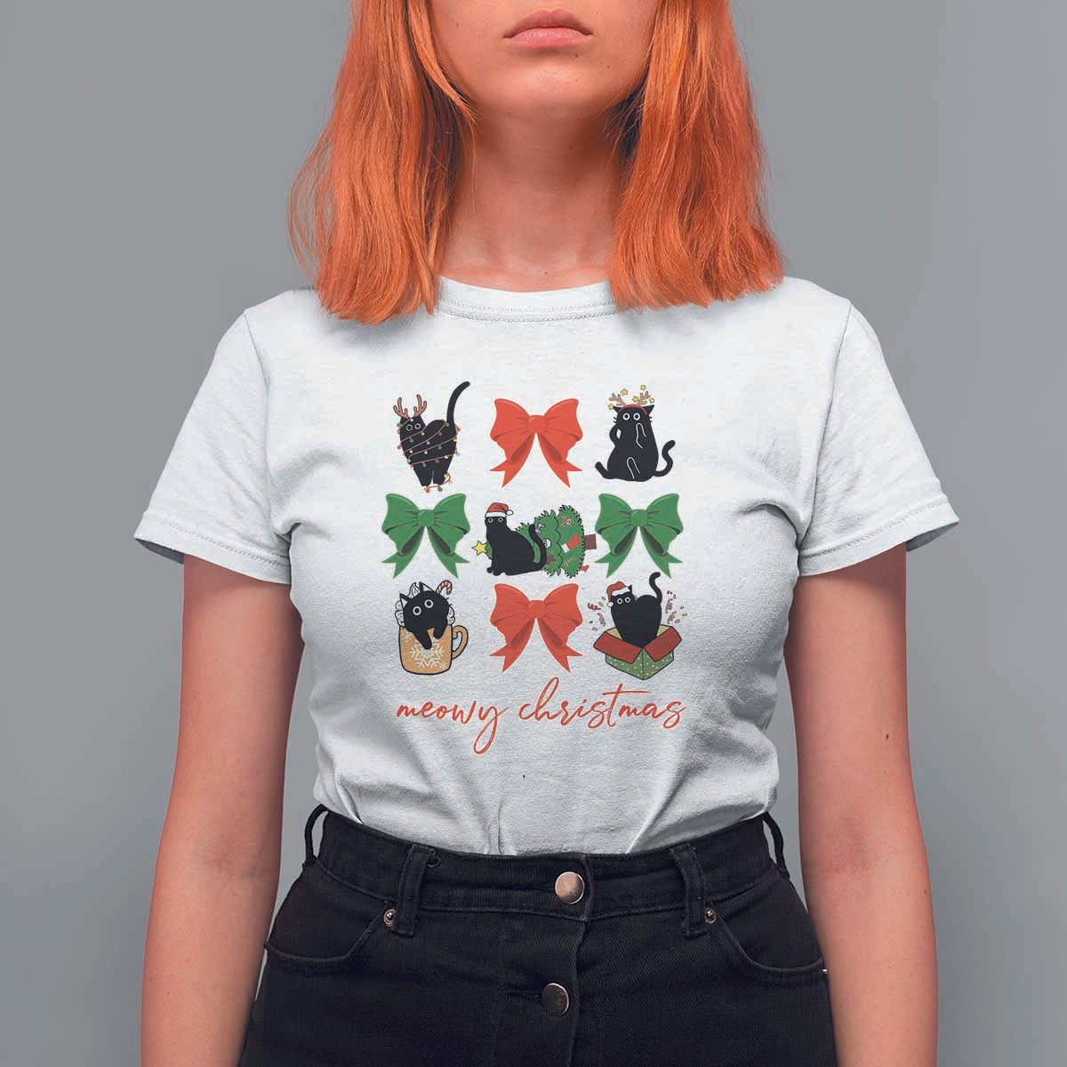 Funny Christmas Black Cat T Shirt For Women Meowy Christmas Cute Cats Coquette Bow - Wonder Print Shop