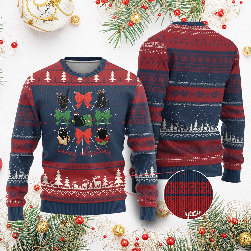 Funny Xmas Black Cat Ugly Christmas Sweater Meowy Christmas Cute Cats Coquette Bow - Wonder Print Shop