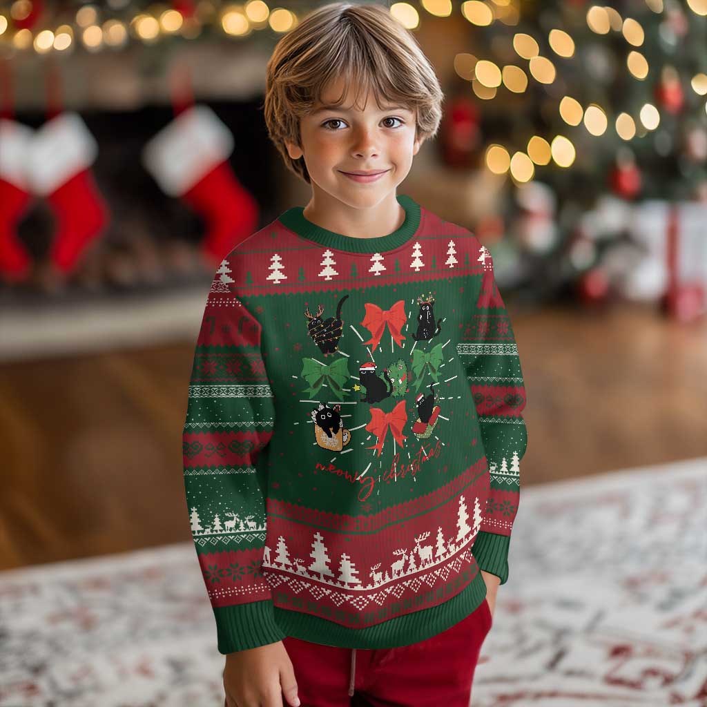 Funny Xmas Black Cat Ugly Christmas Sweater Meowy Christmas Cute Cats Coquette Bow - Wonder Print Shop
