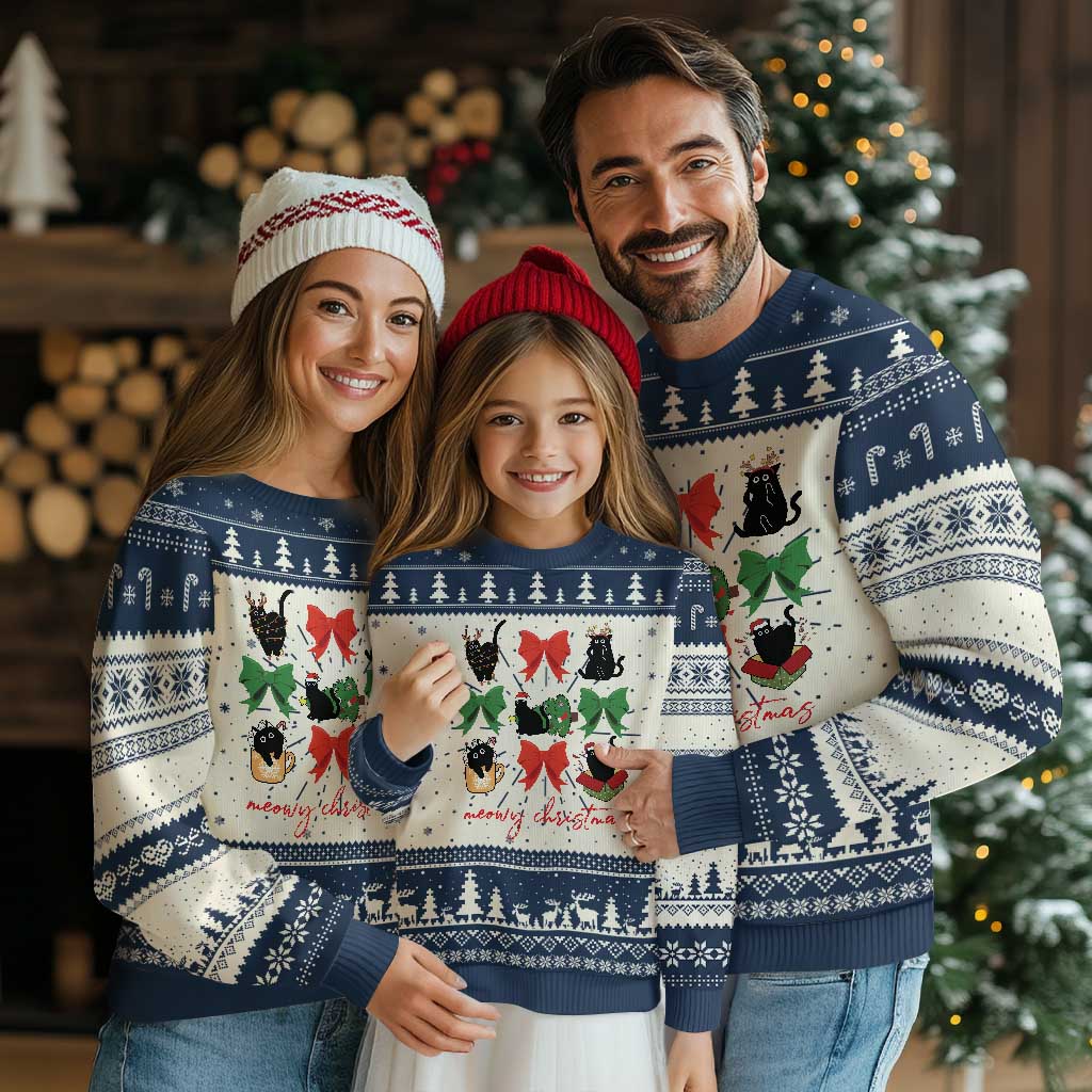 Funny Xmas Black Cat Ugly Christmas Sweater Meowy Christmas Cute Cats Coquette Bow - Wonder Print Shop