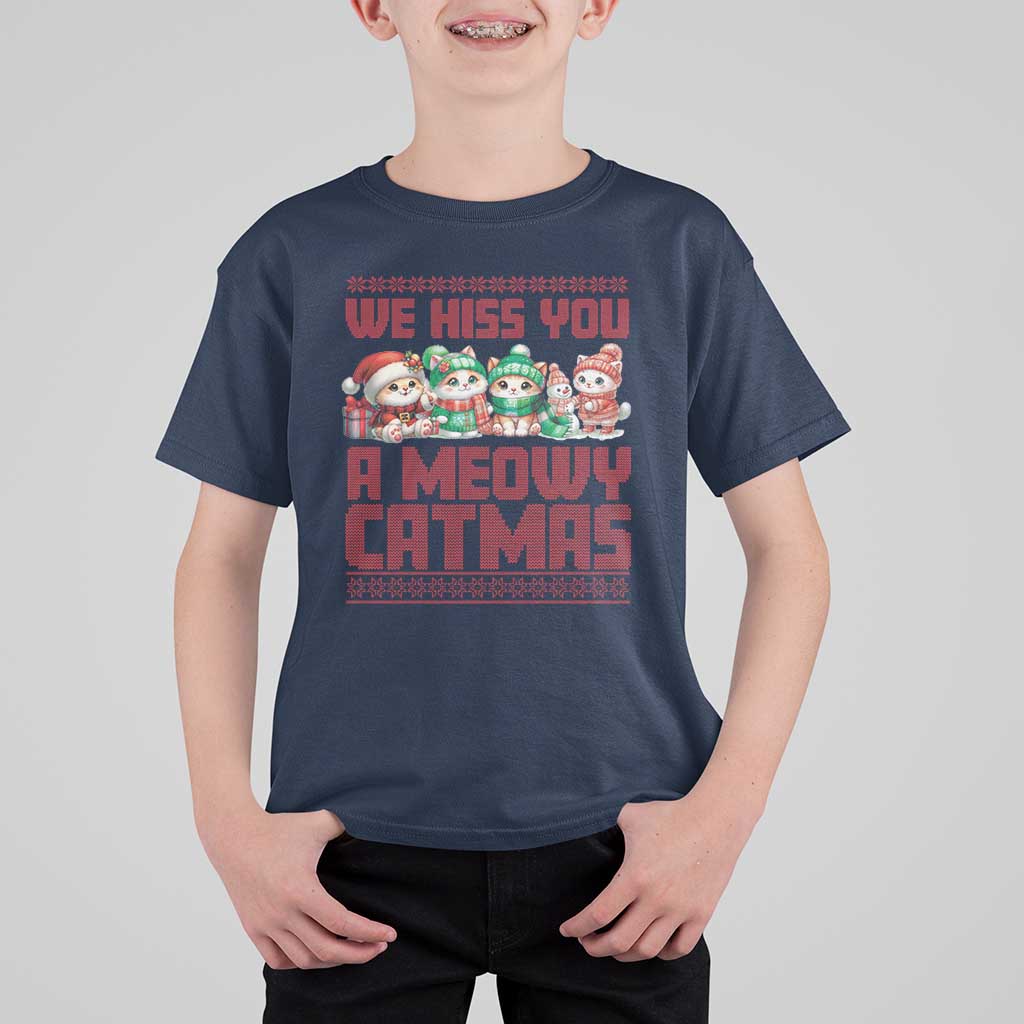 Christmas Cat T Shirt For Kid We Hiss You A Meowy Catmas - Wonder Print Shop