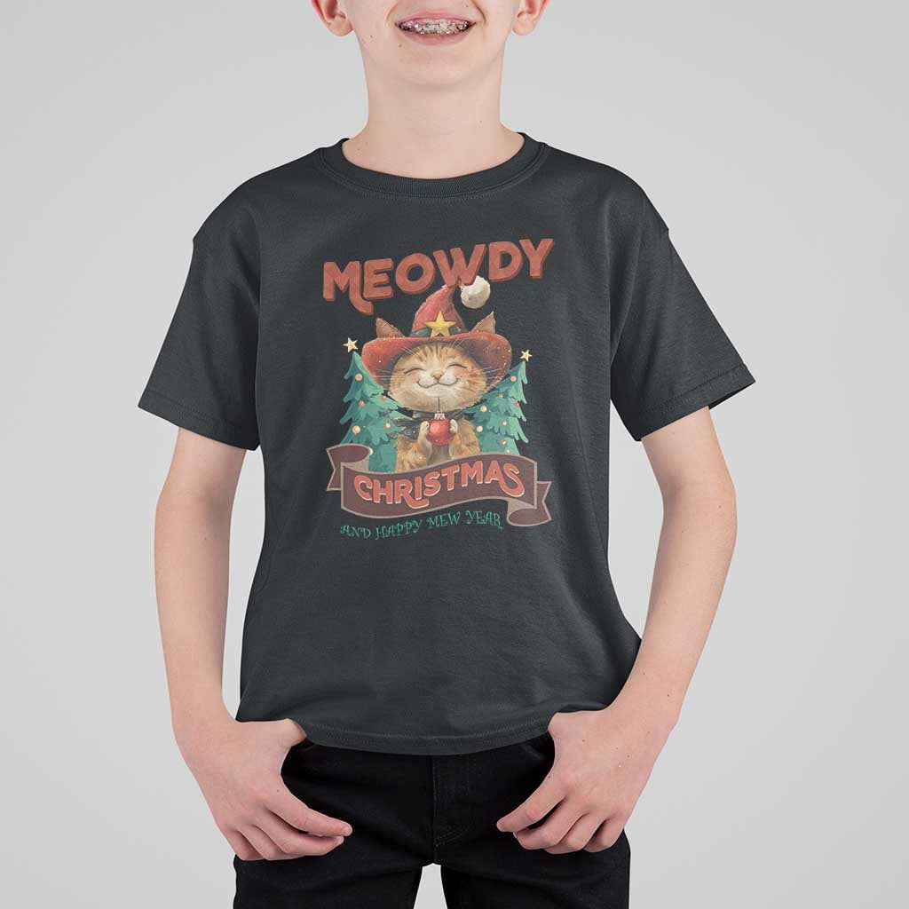 Christmas Cowboy Cat T Shirt For Kid Meowdy Christmas And Happy Mew Year - Wonder Print Shop