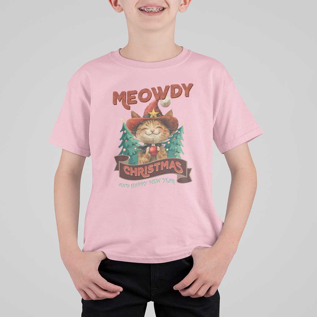 Christmas Cowboy Cat T Shirt For Kid Meowdy Christmas And Happy Mew Year - Wonder Print Shop