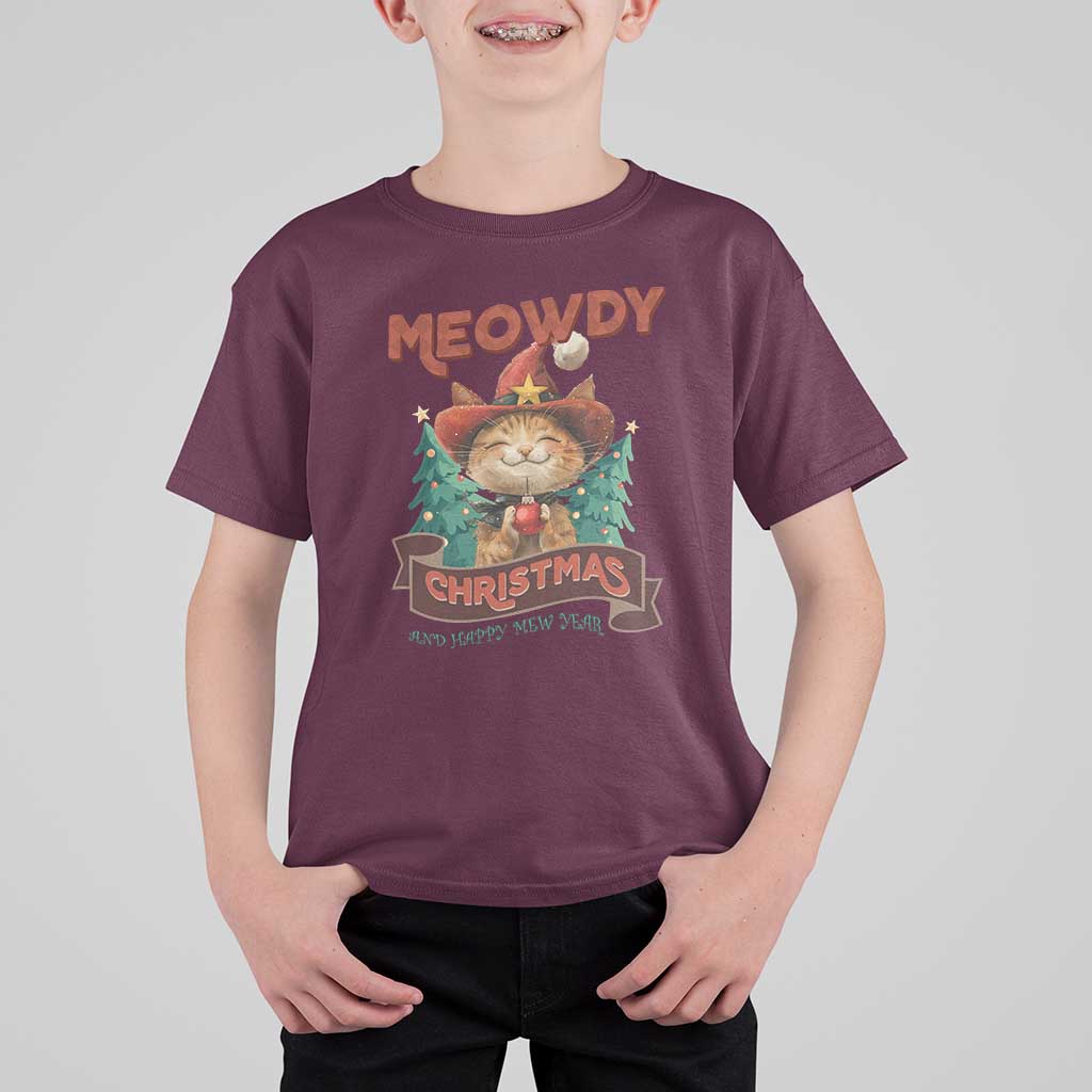 Christmas Cowboy Cat T Shirt For Kid Meowdy Christmas And Happy Mew Year - Wonder Print Shop