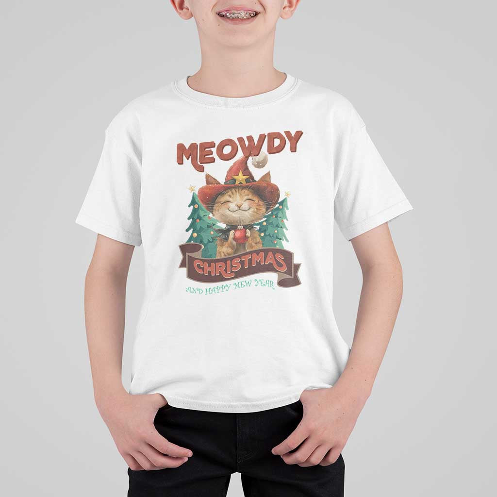 Christmas Cowboy Cat T Shirt For Kid Meowdy Christmas And Happy Mew Year - Wonder Print Shop