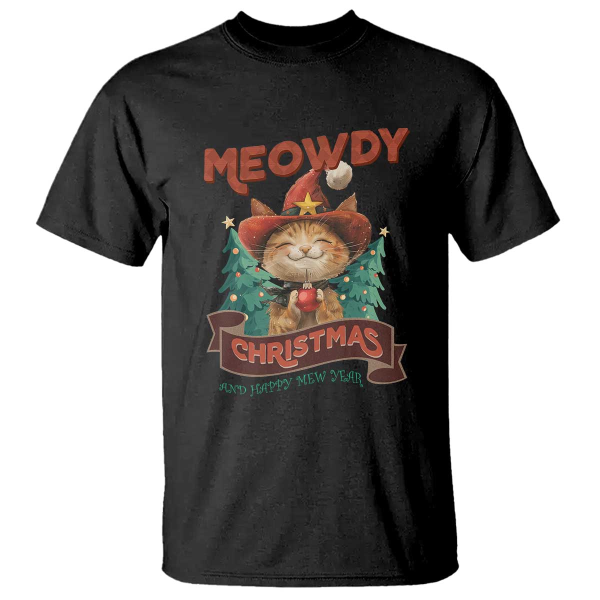 Christmas Cowboy Cat T Shirt Meowdy Christmas And Happy Mew Year - Wonder Print Shop