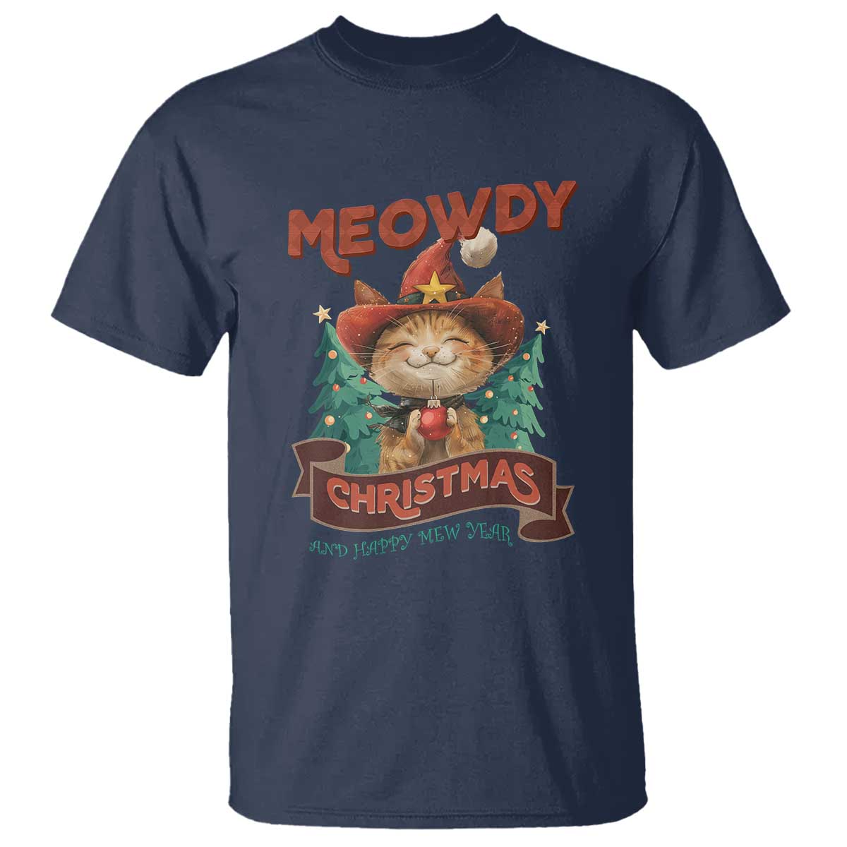 Christmas Cowboy Cat T Shirt Meowdy Christmas And Happy Mew Year - Wonder Print Shop